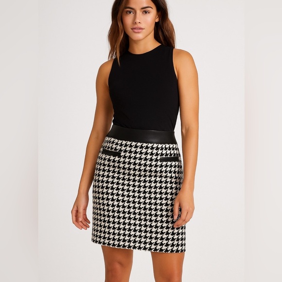 Cynthia Rowley Black & White Houndstooth Faux Leather Trim Pencil Skirt Sz 12 - Picture 1 of 6